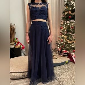 Two piece navy blue prom dress
